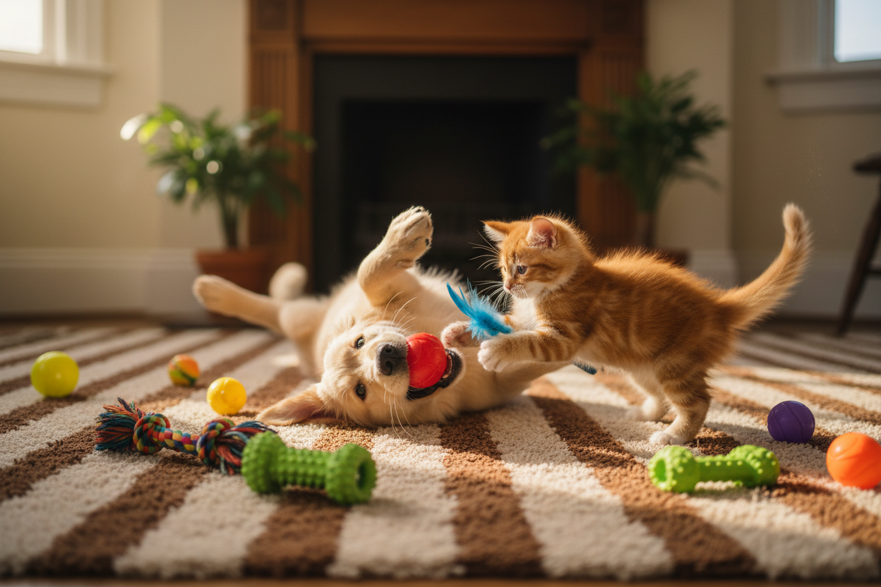 Chien et chat avec jouets