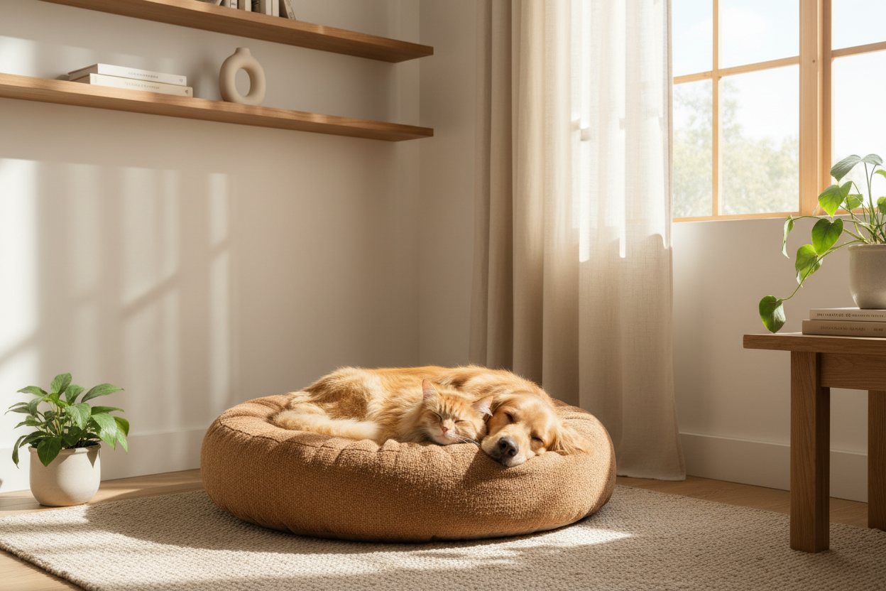 Chien et chat sur un lit premium